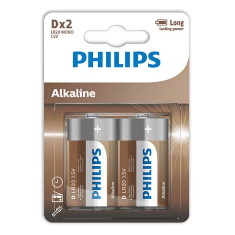 Philips alkaliska D-batterier LR20 2-pack