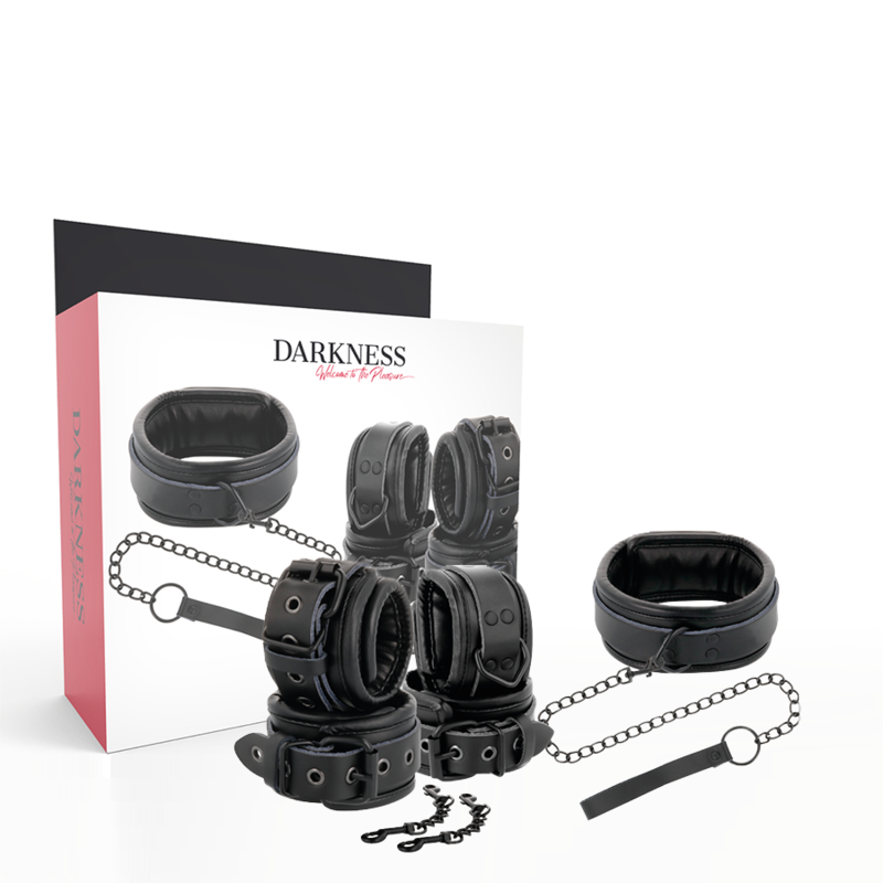 Darkness – svart läderhalsbånd och handfängsel