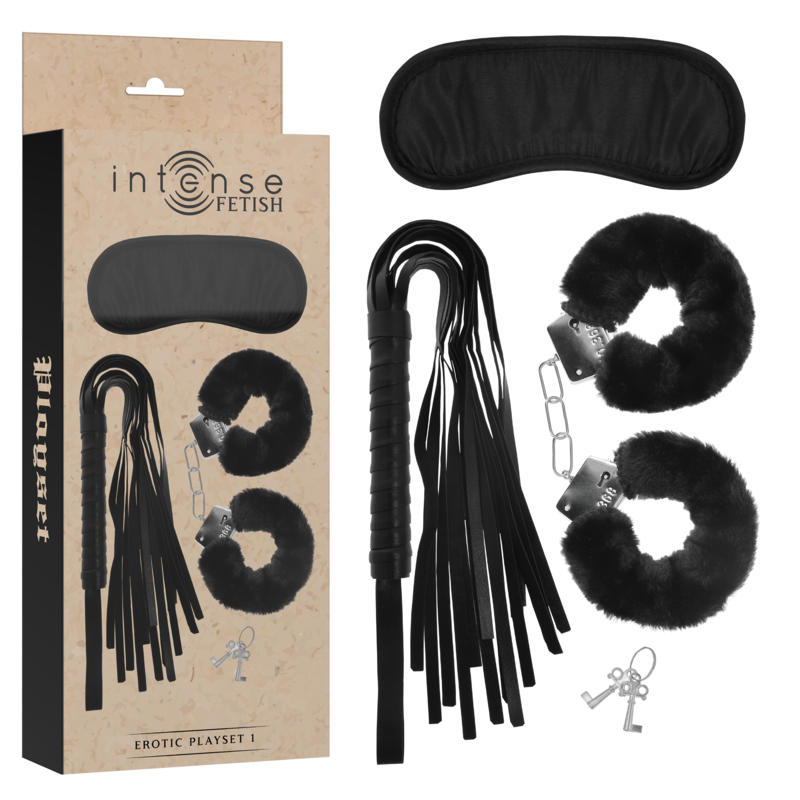 Intense Fetish Play Set 1 – Handbojor, Ögonbindel och Piska