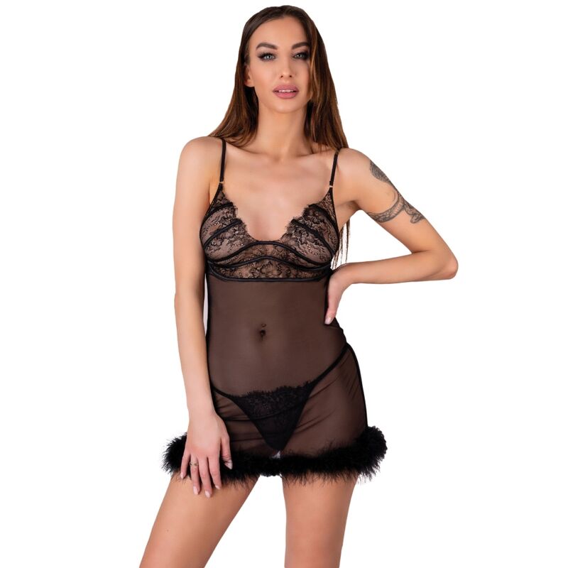 Zerunam Babydoll Set med Tång – Svart Mesh