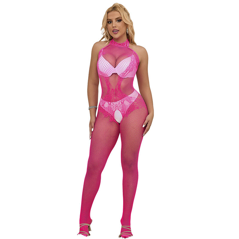 Fishnet-spetsad kropp utan skritt – Rosa onesize