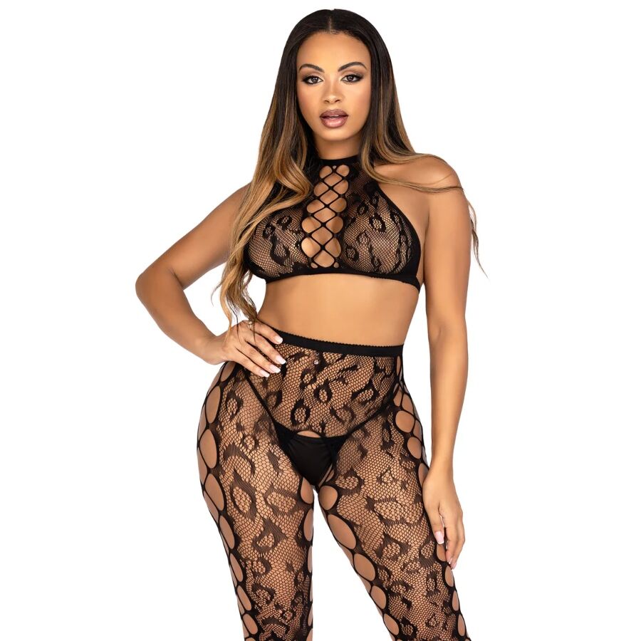 Crop Top & Strumpor utan Skritt – Nät med Leopardmönster