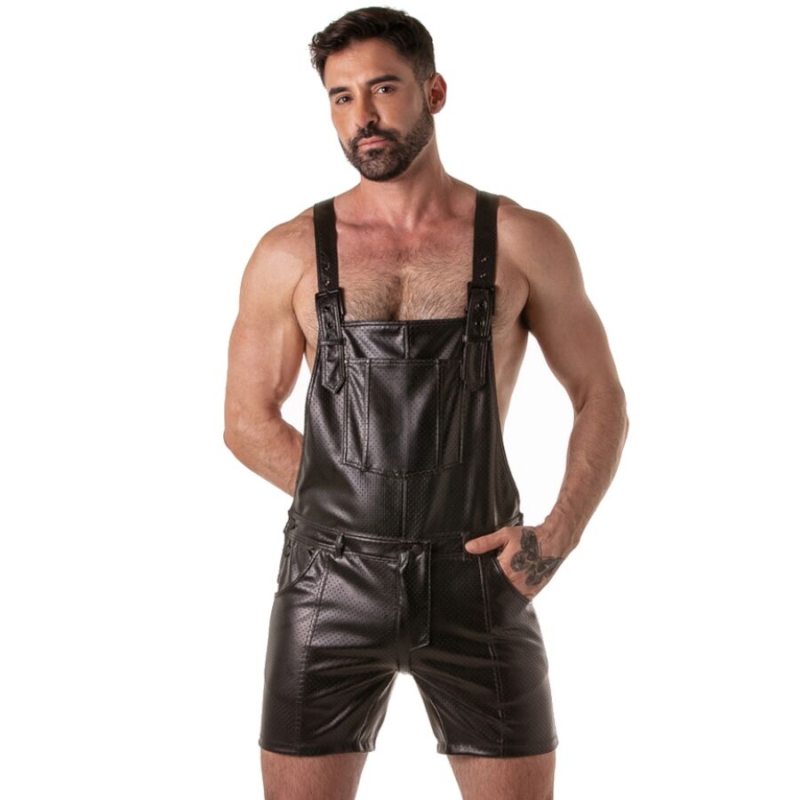 LOCKER GEAR - PUNCH HOLE LEATHERETTE SHORT OVERALLS BLACK L