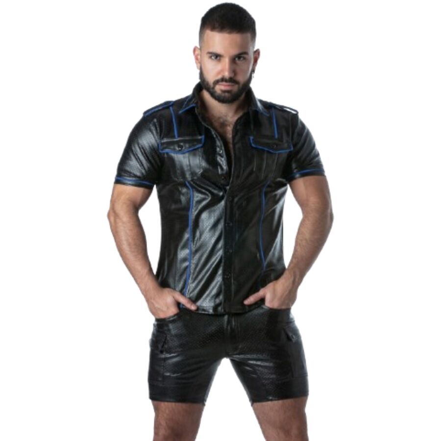 LOCKER GEAR - PUNCH HOLE LEATHERETTE SHIRT BLUE L