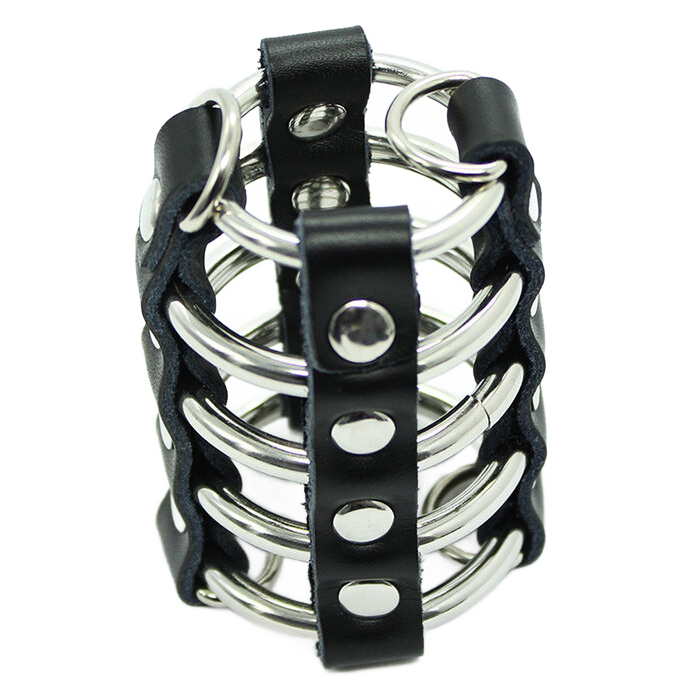 Ohmama fetish leather strap metal ring cock cage with ball divider